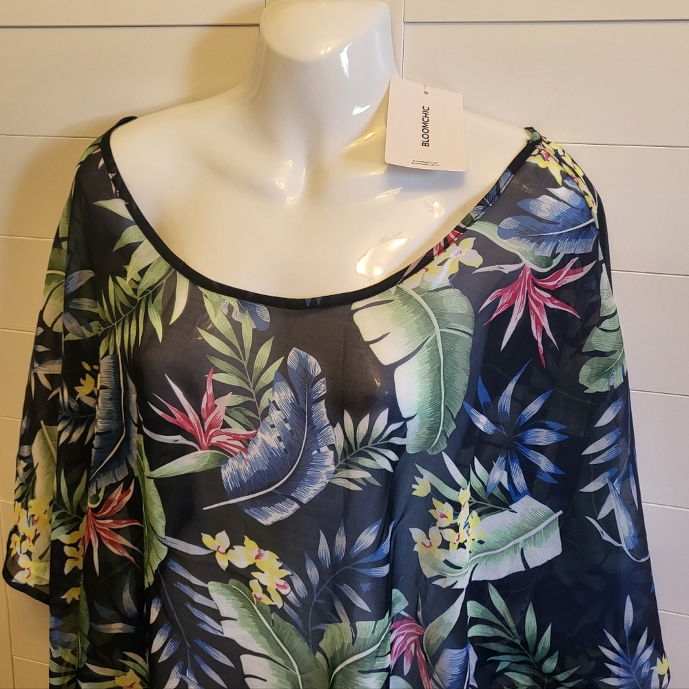BloomChic Womens Sheer Blouse Size 16 Blue Beachy Tropical Cover Up NWT